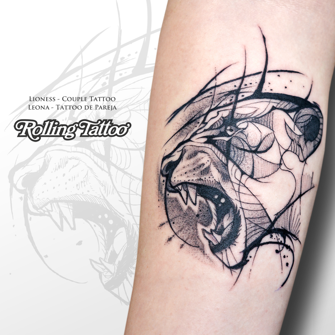 lioness tattoo, linework, blackwork, lion, tatuaje de león